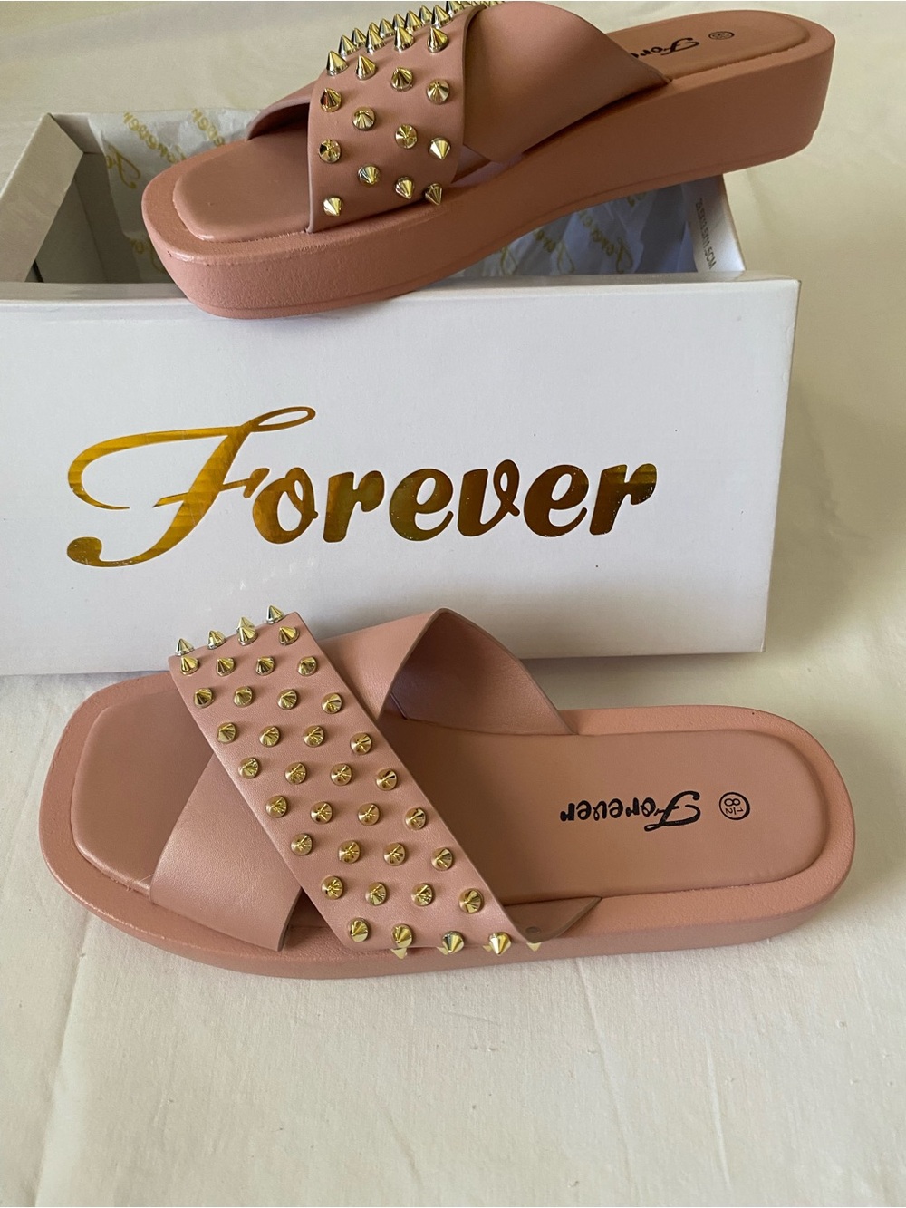 Forever Blush Studded Cross-Strap Slide Sandals for Women